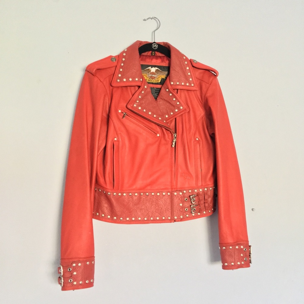 Harley Davidson Red Studded Moto Leather Jacket